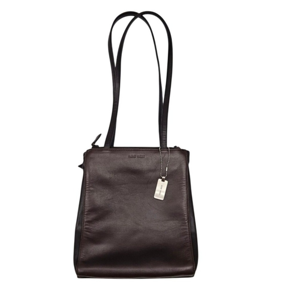 Nine West Womens Dark Brown Triple Zip Shoulder Bag Faux Leather Minimalist Bag